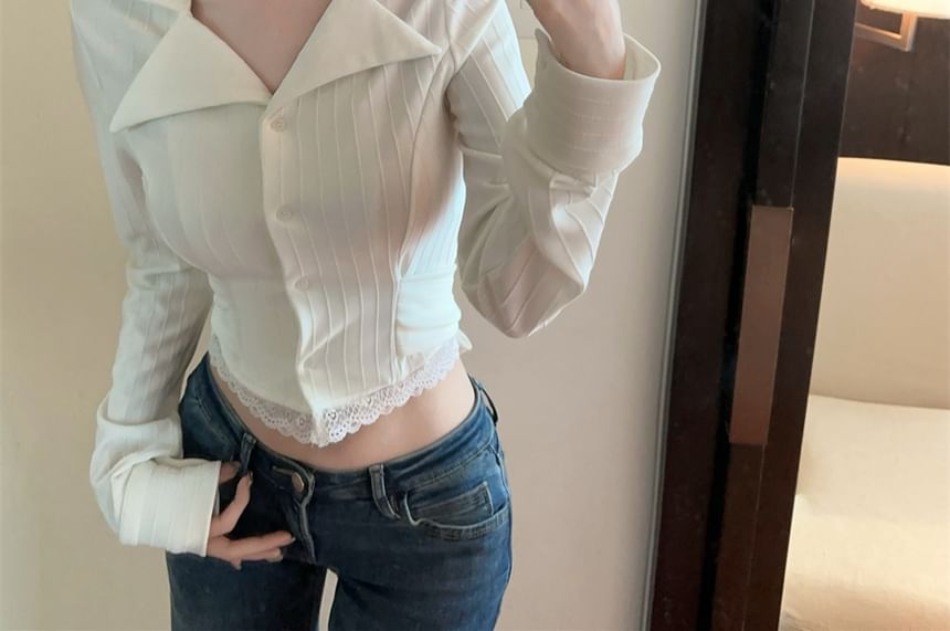 Back-Bow Fitted Shirt with Lace Trim Long Sleeves