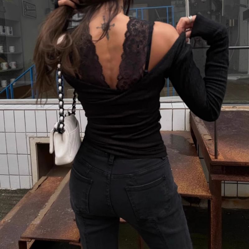 V-Neck Lace Panel Slim Knit Pullover