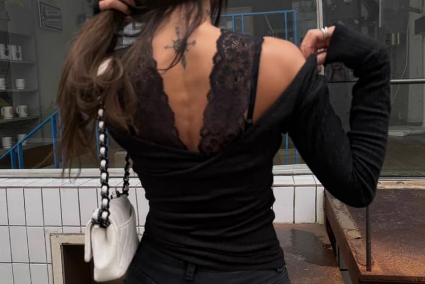 V-Neck Lace Panel Slim Knit Pullover