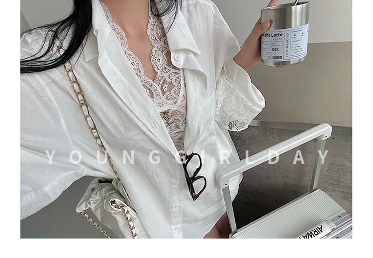 Cropped Lace Halter Top with Button Shirt and High-Rise Shorts Set