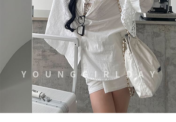 Cropped Lace Halter Top with Button Shirt and High-Rise Shorts Set