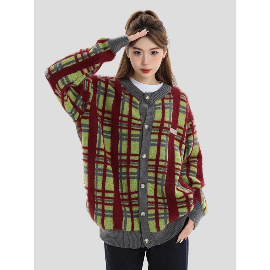 Couple Matching Round Neck Plaid Oversized Cardigan