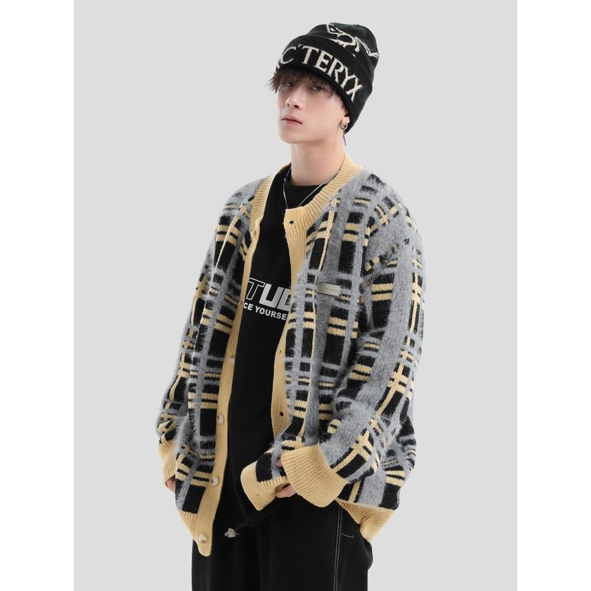 Couple Matching Round Neck Plaid Oversized Cardigan