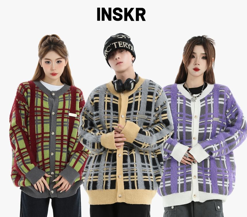 Couple Matching Round Neck Plaid Oversized Cardigan