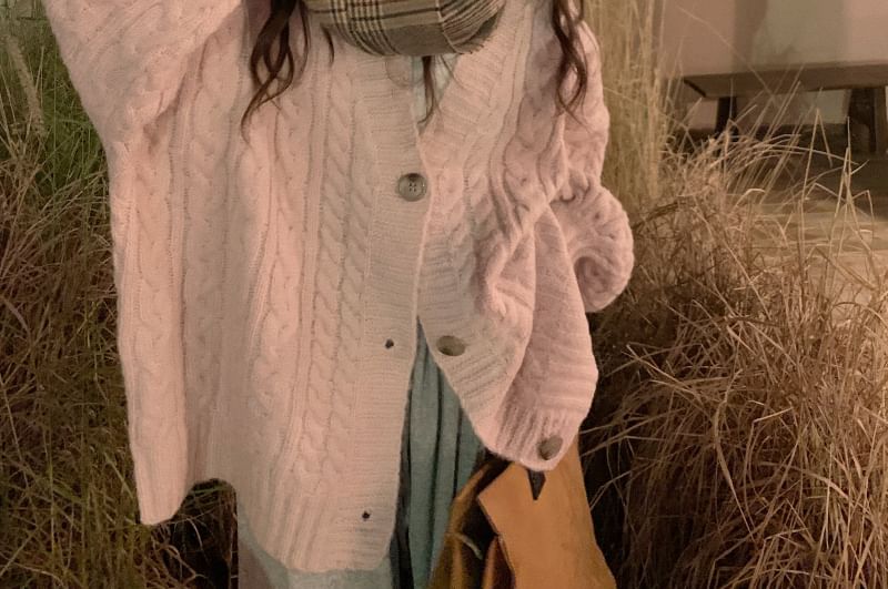 V-Neck Cable Knit Plain Cardigan