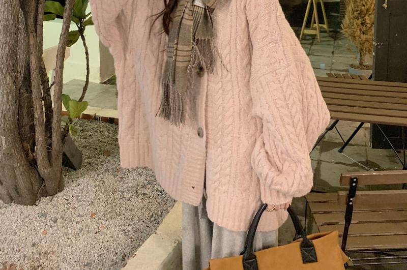 V-Neck Cable Knit Plain Cardigan