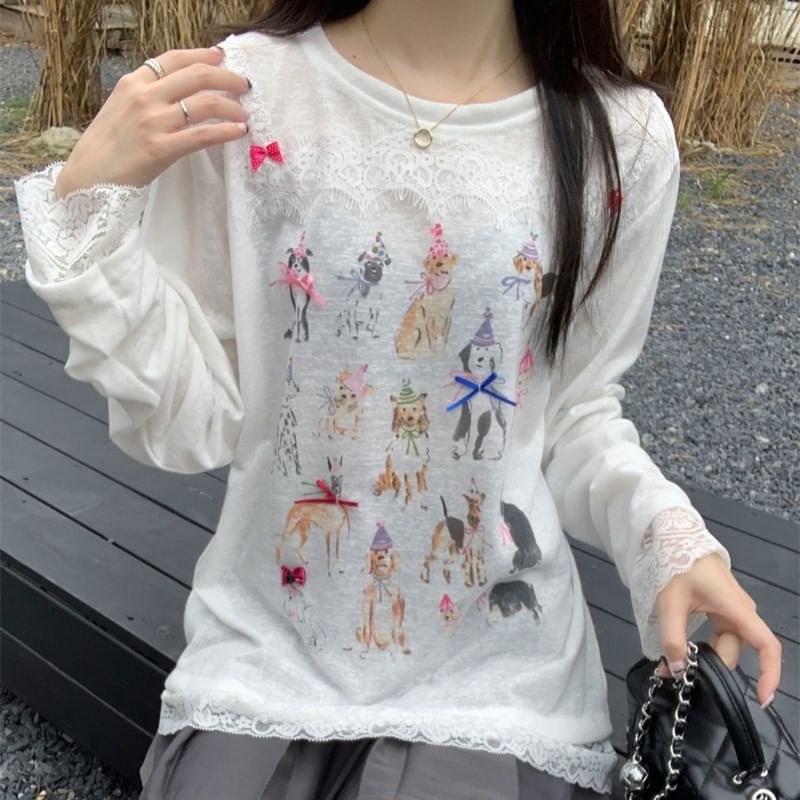 Crew Neck Dog Print Lace-Trimmed Long Sleeve Tee