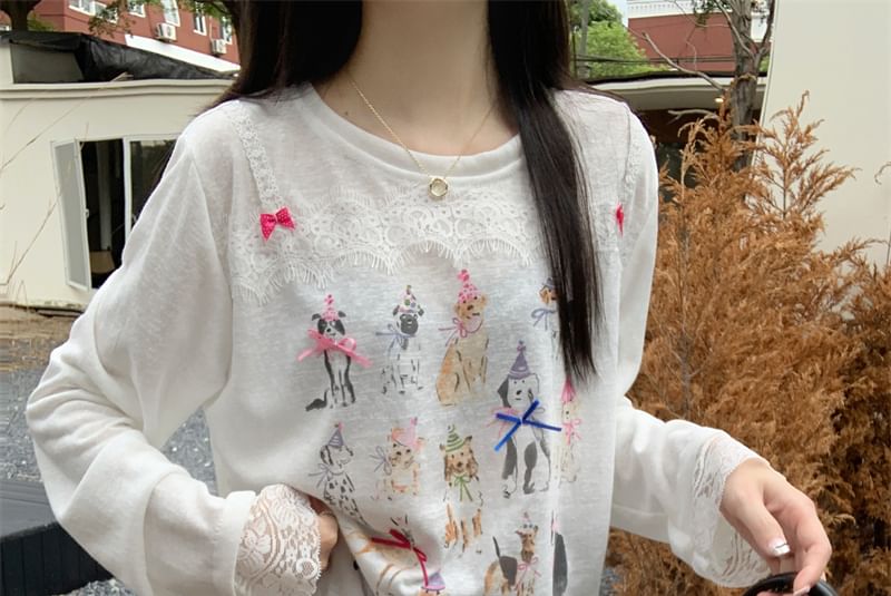 Crew Neck Dog Print Lace-Trimmed Long Sleeve Tee