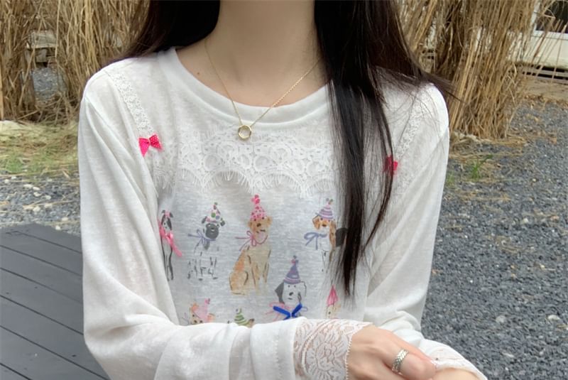Crew Neck Dog Print Lace-Trimmed Long Sleeve Tee