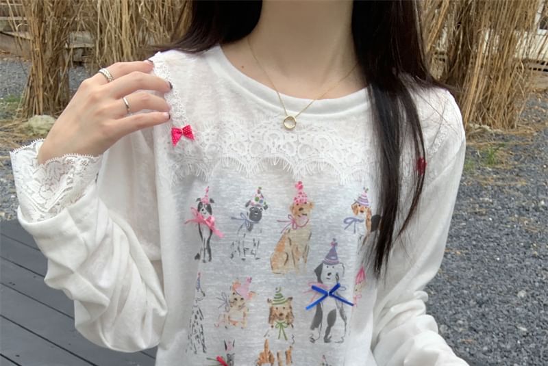 Crew Neck Dog Print Lace-Trimmed Long Sleeve Tee