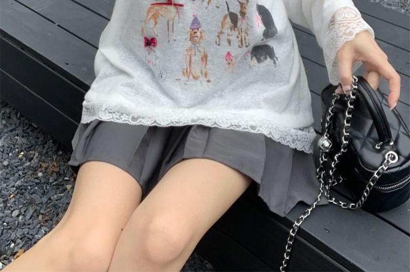 Crew Neck Dog Print Lace-Trimmed Long Sleeve Tee