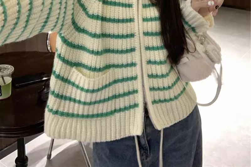 Striped Ribbed Round Neck Zip Cardigan