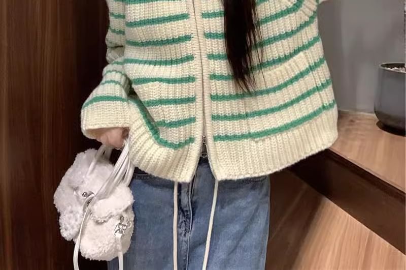 Striped Ribbed Round Neck Zip Cardigan