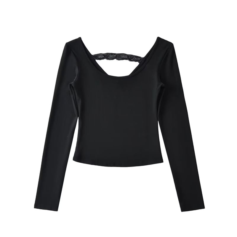 Slim-Fit Scoop Neck Lace Panel Crop Shirt