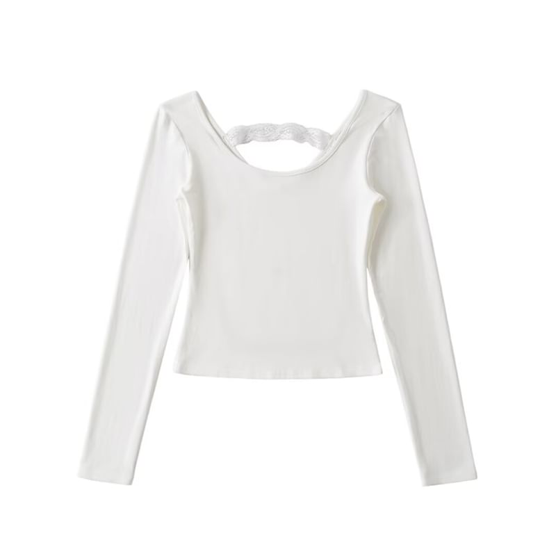 Slim-Fit Scoop Neck Lace Panel Crop Shirt