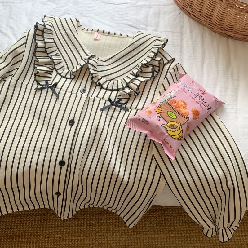 Couple Matching Pajama Set: Long-Sleeve Striped Button-Up Top + Pants (Various Designs)