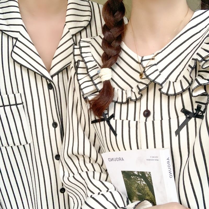 Couple Matching Pajama Set: Long-Sleeve Striped Button-Up Top + Pants (Various Designs)