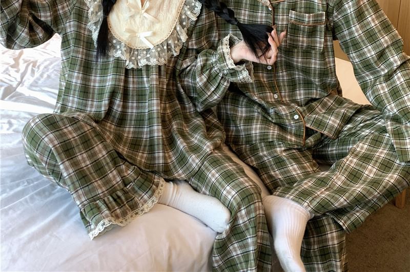 Matching Plaid Lace Pajama Set with Lapel Collar Shirt