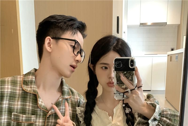 Couple Matching Long-Sleeve Notch Neck Plaid Lace Panel Pajama Top / Lapel Collar Button-Up Top / Pants / Set (Various Designs)