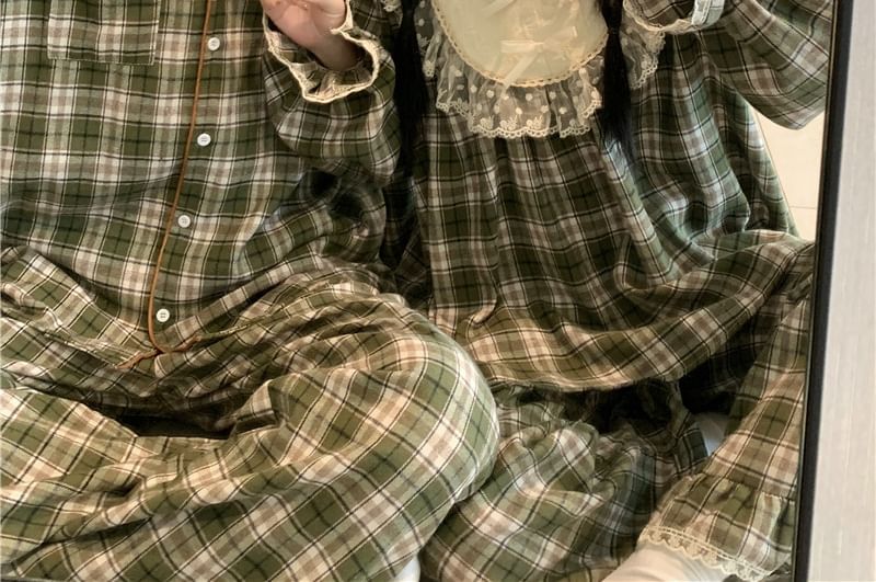 Couple Matching Long-Sleeve Notch Neck Plaid Lace Panel Pajama Top / Lapel Collar Button-Up Top / Pants / Set (Various Designs)