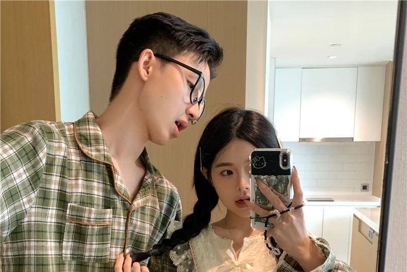 Couple Matching Long-Sleeve Notch Neck Plaid Lace Panel Pajama Top / Lapel Collar Button-Up Top / Pants / Set (Various Designs)