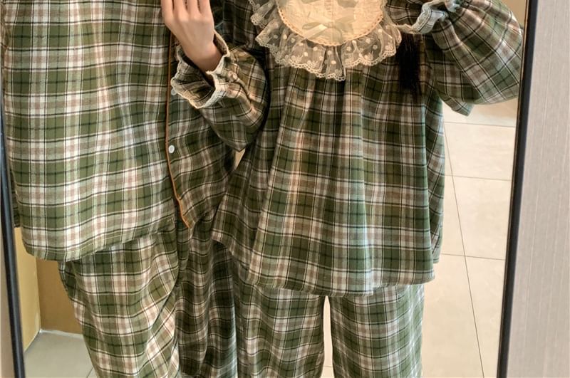 Matching Plaid Lace Pajama Set with Lapel Collar Shirt