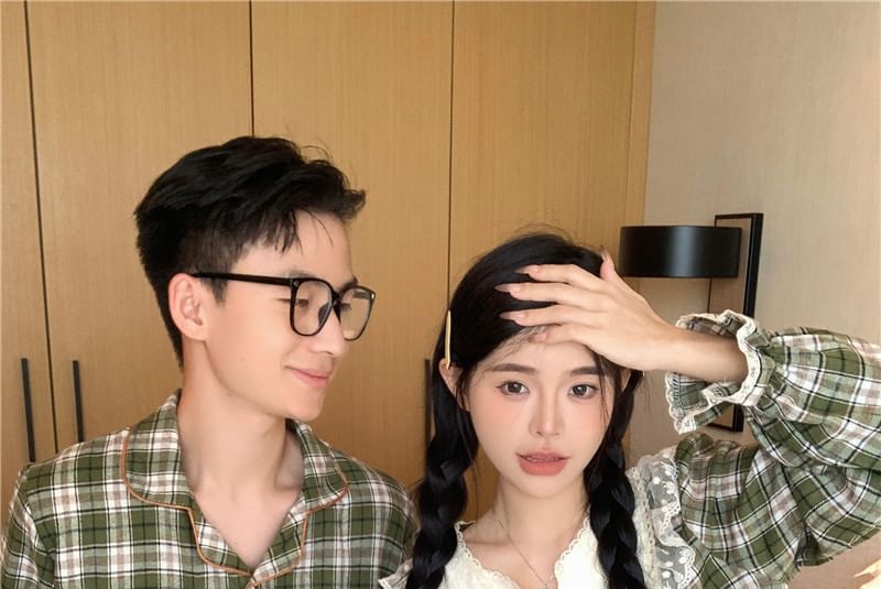 Couple Matching Long-Sleeve Notch Neck Plaid Lace Panel Pajama Top / Lapel Collar Button-Up Top / Pants / Set (Various Designs)