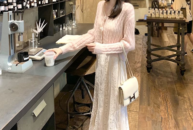 V-Neck Solid Cable Knit Tie Front Cardigan Set with Fishtail Skirt