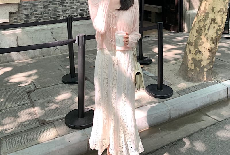 V-Neck Solid Cable Knit Tie Front Cardigan Set with Fishtail Skirt