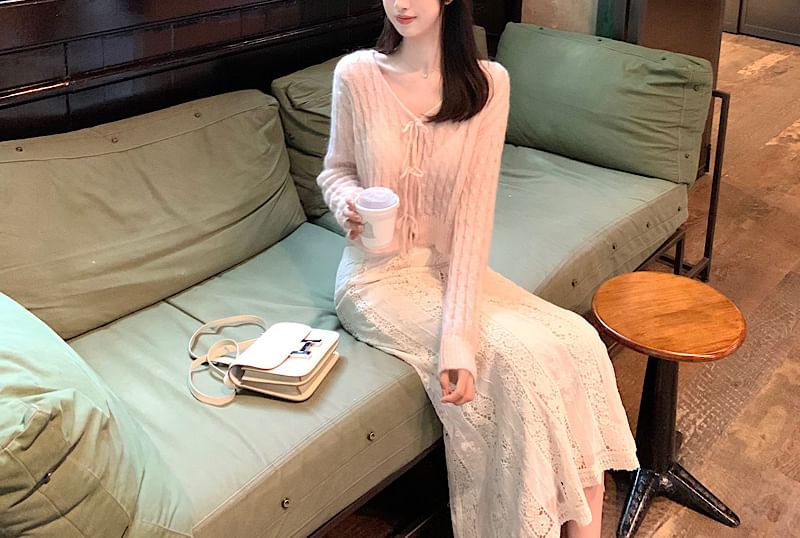 V-Neck Solid Cable Knit Tie Front Cardigan Set with Fishtail Skirt