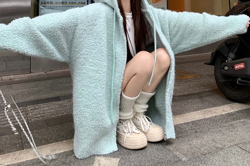 Solid Hood Zip Cardigan Set with Mini Skirt