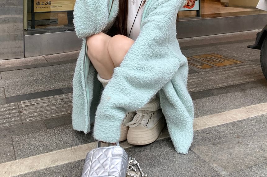 Solid Hood Zip Cardigan Set with Mini Skirt