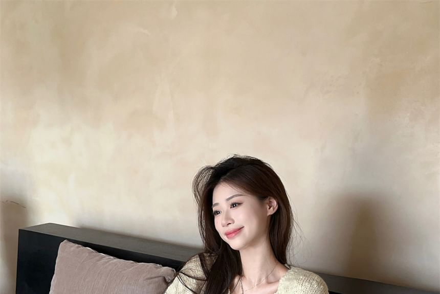 V-Neck Solid Panel Lace Knit Cami Set