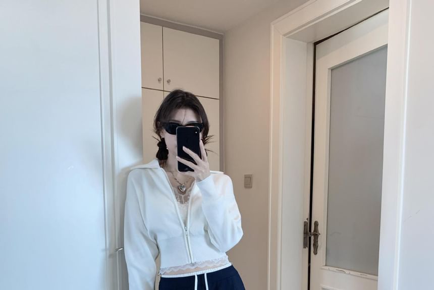 Collared Basic Zip Cardigan Set with Lace Top and Sweatpants