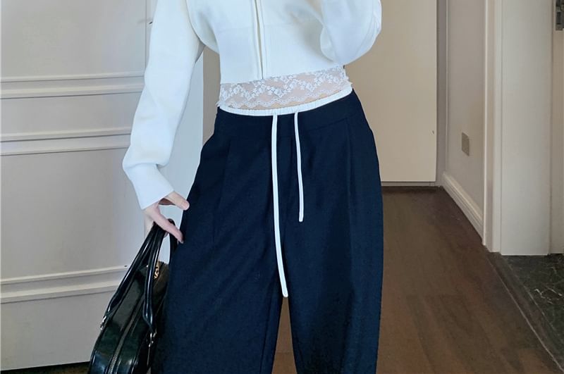 Collared Basic Zip Cardigan Set with Lace Top and Sweatpants