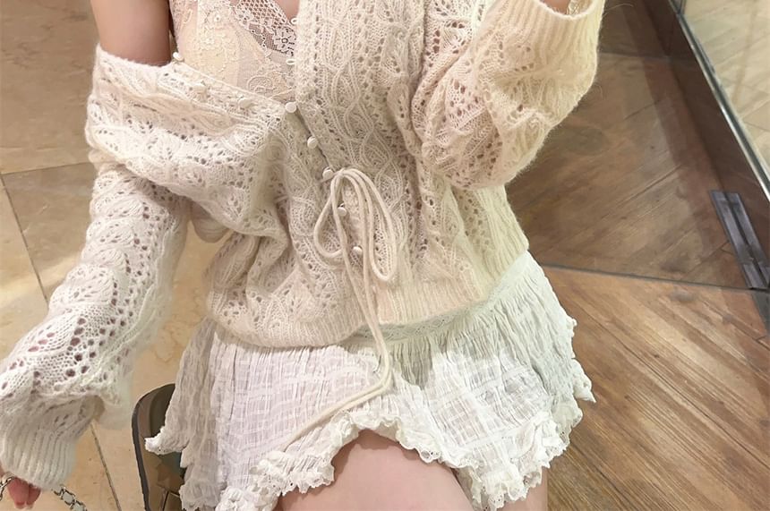 Bow-Adorned Halter Neck Blouse with Lace Detailing