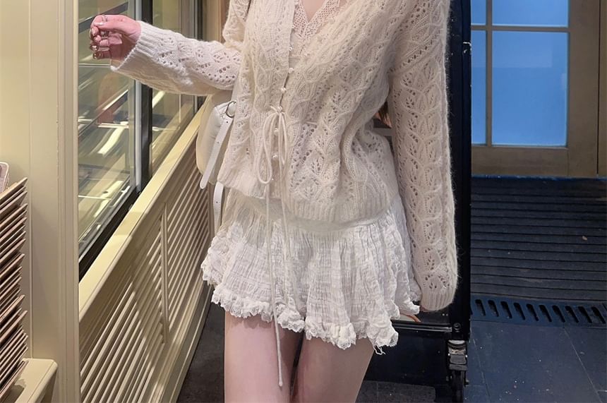 Bow-Adorned Halter Neck Blouse with Lace Detailing