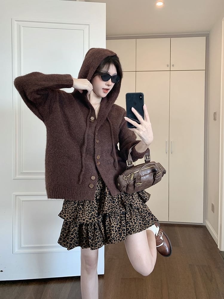Basic Hood Cardigan Set with Leopard Mini Skirt