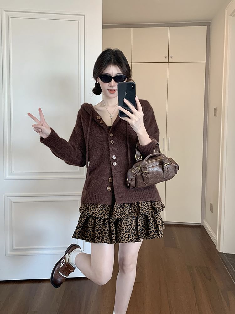Basic Hood Cardigan Set with Leopard Mini Skirt