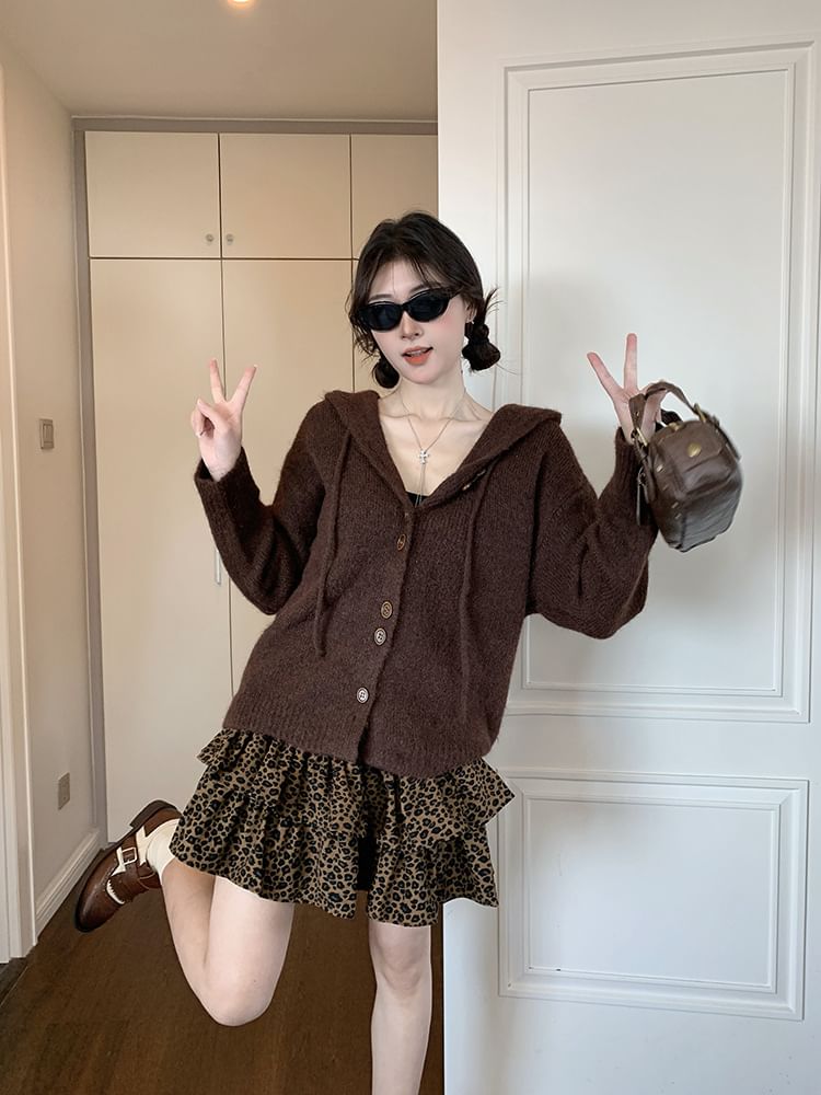 Basic Hood Cardigan Set with Leopard Mini Skirt