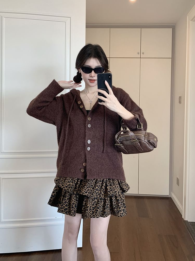 Basic Hood Cardigan Set with Leopard Mini Skirt