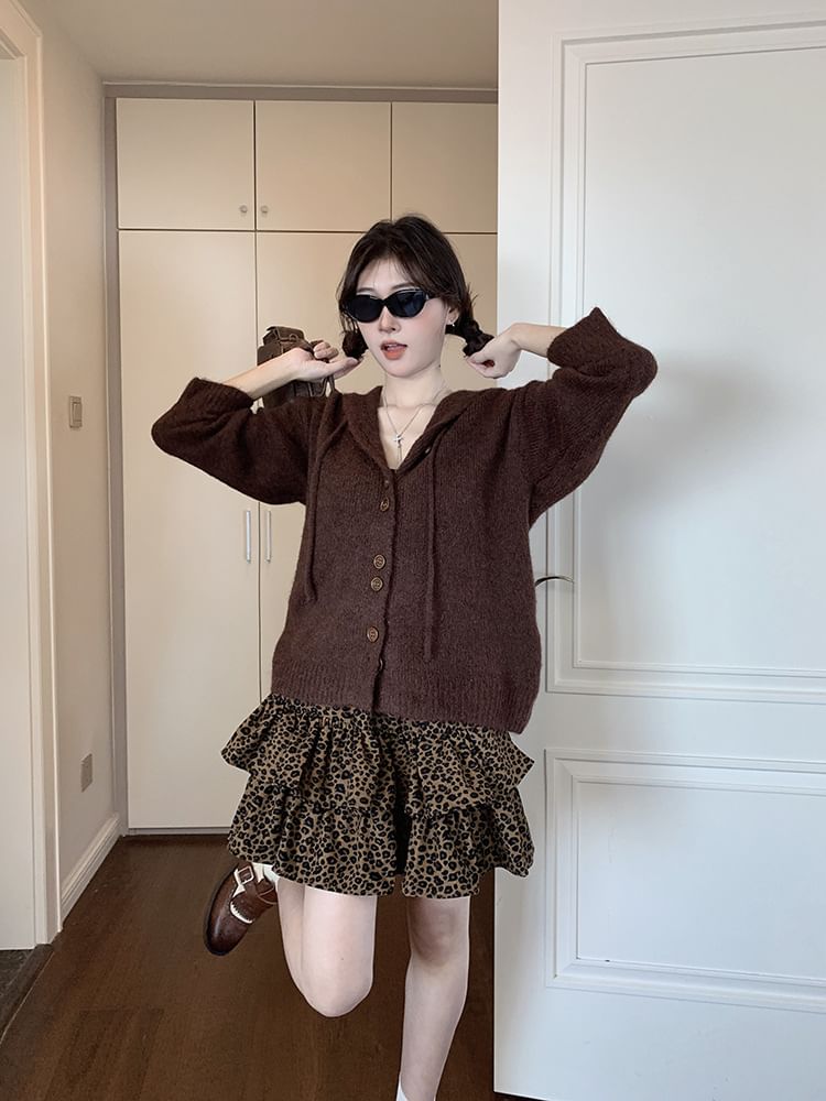 Basic Hood Cardigan Set with Leopard Mini Skirt