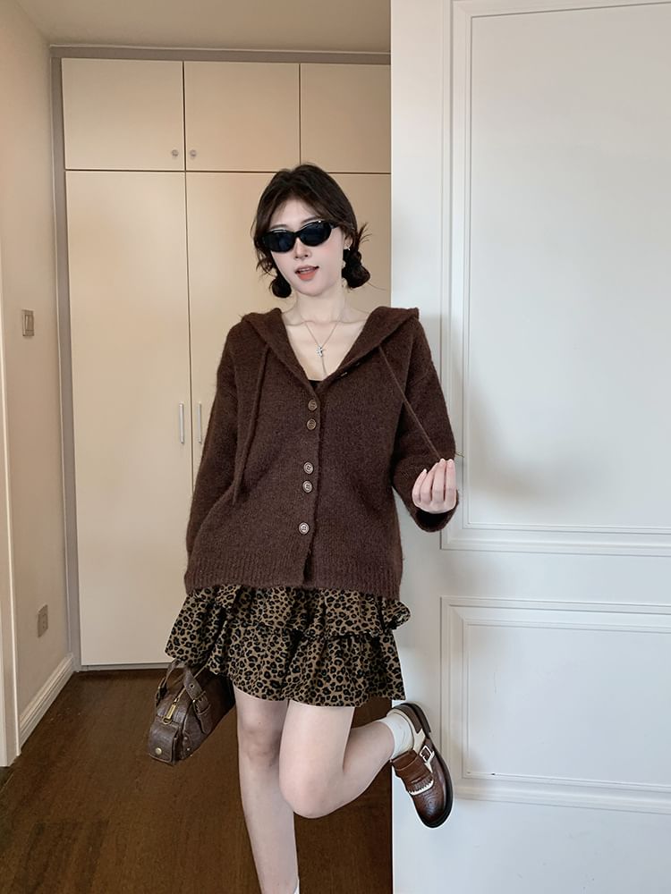 Basic Hood Cardigan Set with Leopard Mini Skirt