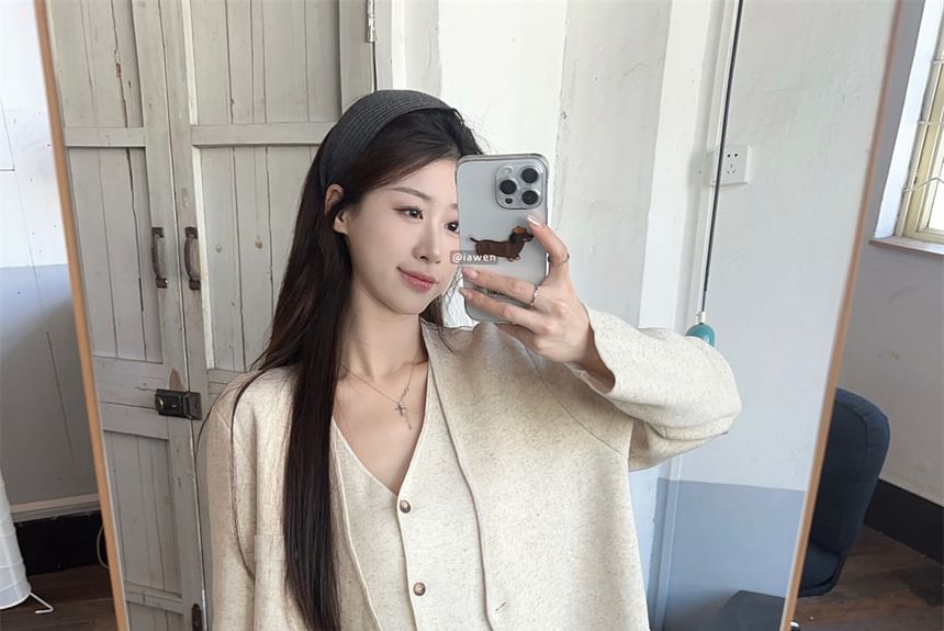 V-Neck Basic Cardigan Set with Vest and Baggy Pants