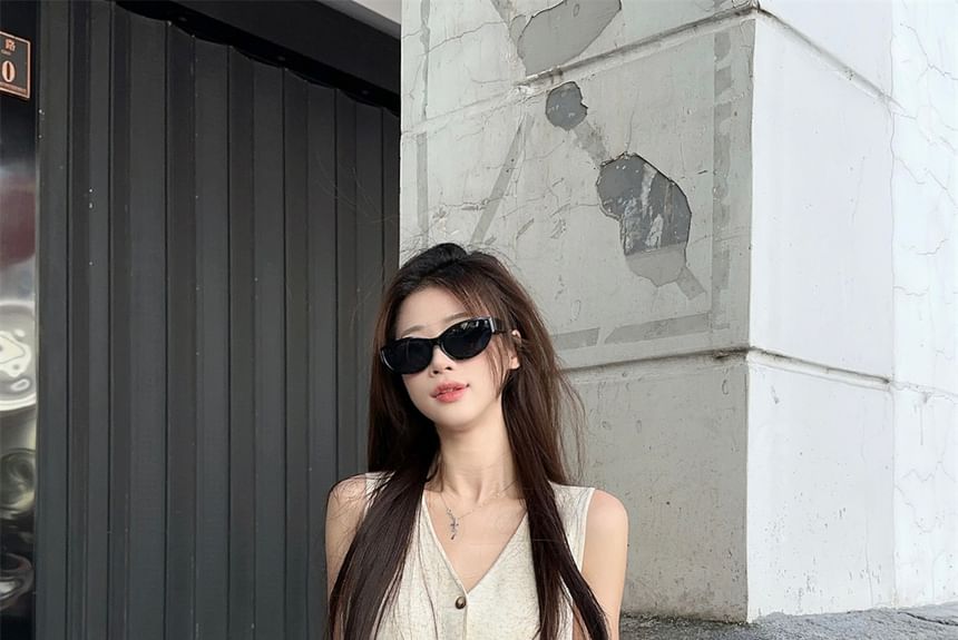 V-Neck Basic Cardigan Set with Vest and Baggy Pants