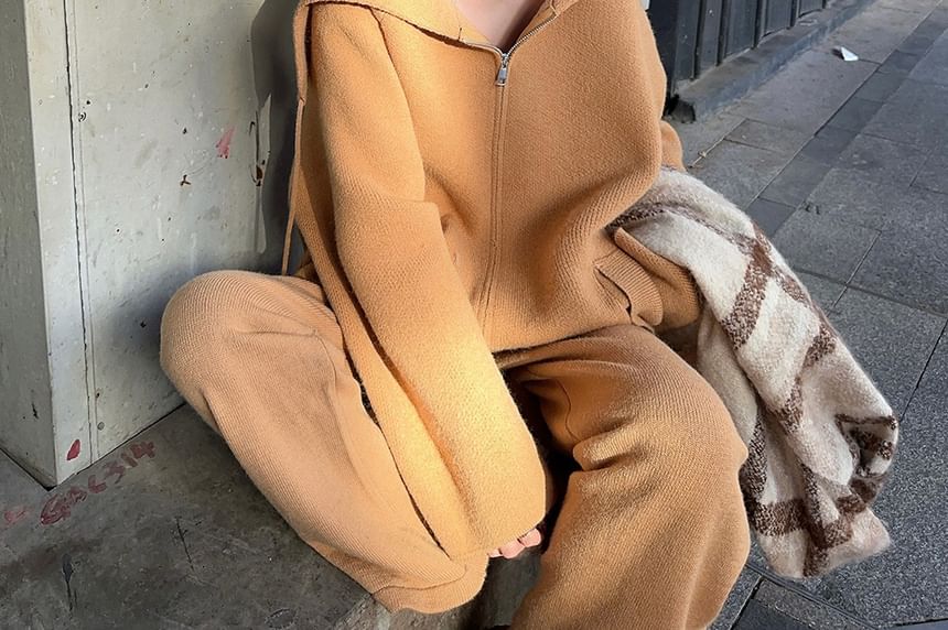 Collared Basic Zip Cardigan Set with Wide Leg Pants