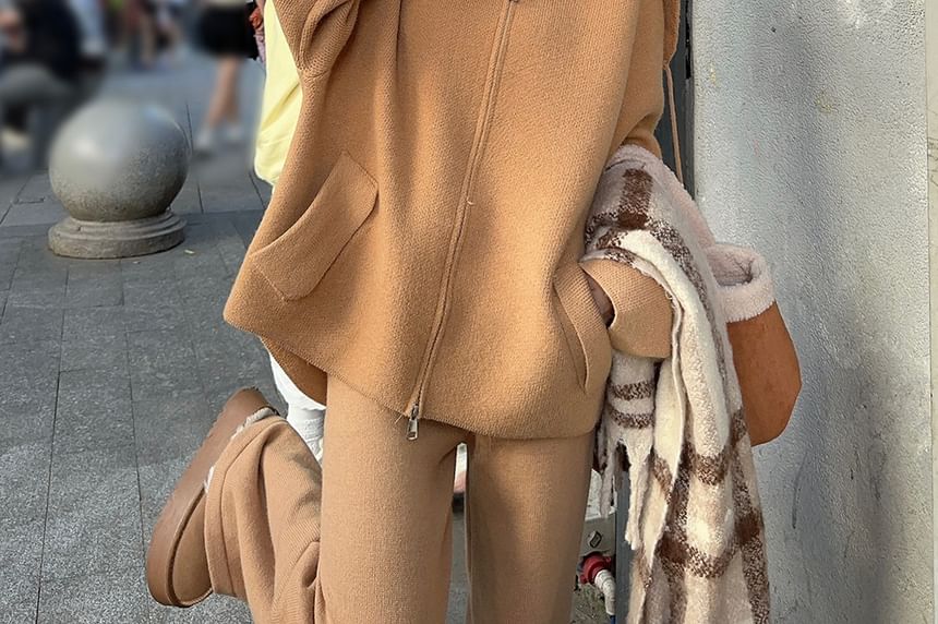 Collared Basic Zip Cardigan Set with Wide Leg Pants