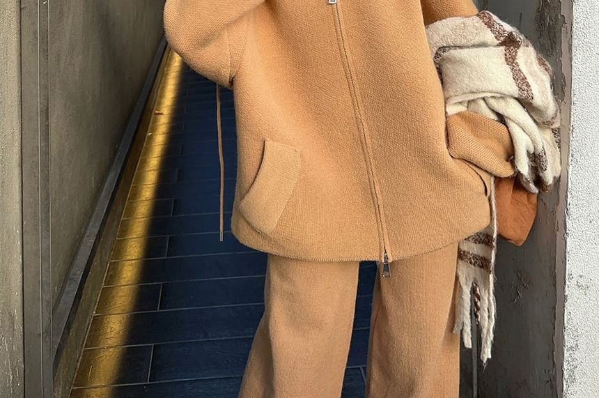 Collared Basic Zip Cardigan Set with Wide Leg Pants