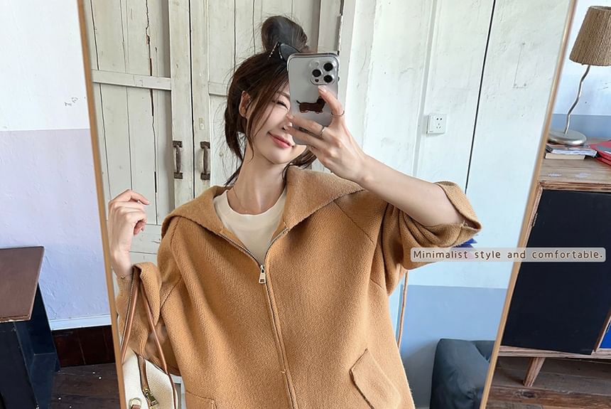Collared Basic Zip Cardigan Set with Wide Leg Pants