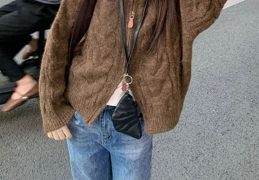 Stand Collar Basic Cable Knit Zip Cardigan